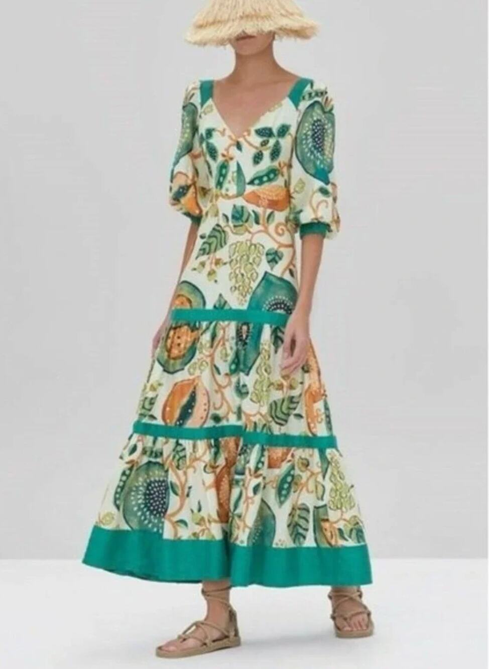 Alexis Pierah Maxi Dress Womens L Jade Garden Fruit Linen Blend A-Line Resort
